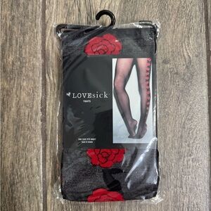 NWT Lovesick Black and Red Floral Tights OS
